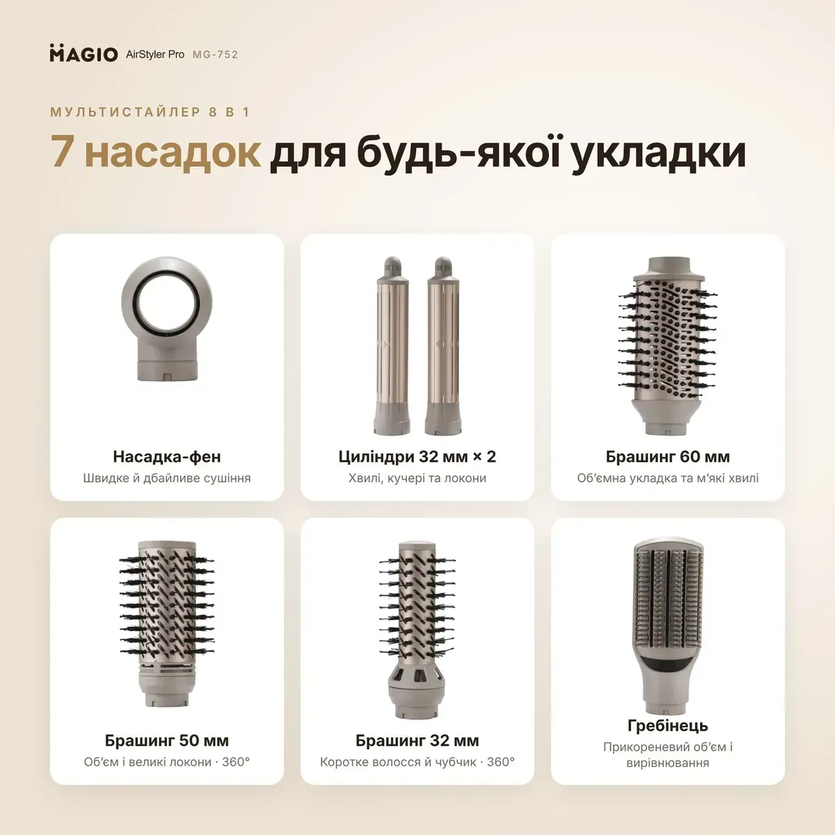 7 насадок мультистайлера MAGIO AirStyler Pro MG-752